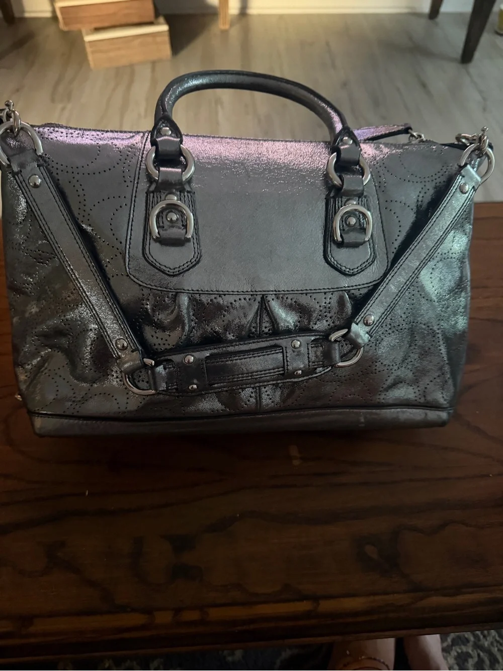 Coach Metallic Silver Leather Satchel with Perforated Detail